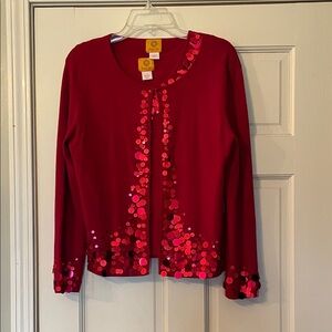 Ruby Rd 2 Piece Red Sequin Cardigan Set—Size L